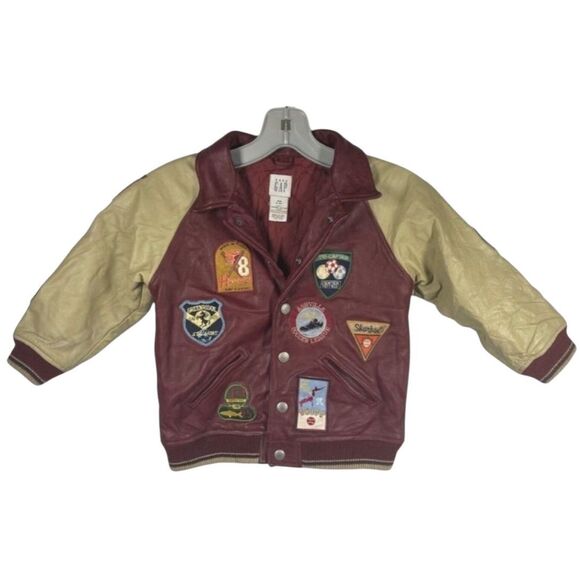 Vintage BABY GAP Red Leather Jacket w/ Sports Patches Varsity 4XL 4T Very Rare - Picture 1 of 7